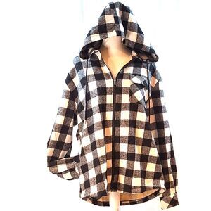 Coofandy Men's Hooded Black and White Plaid Flannel Jacket Lined Size L NWT